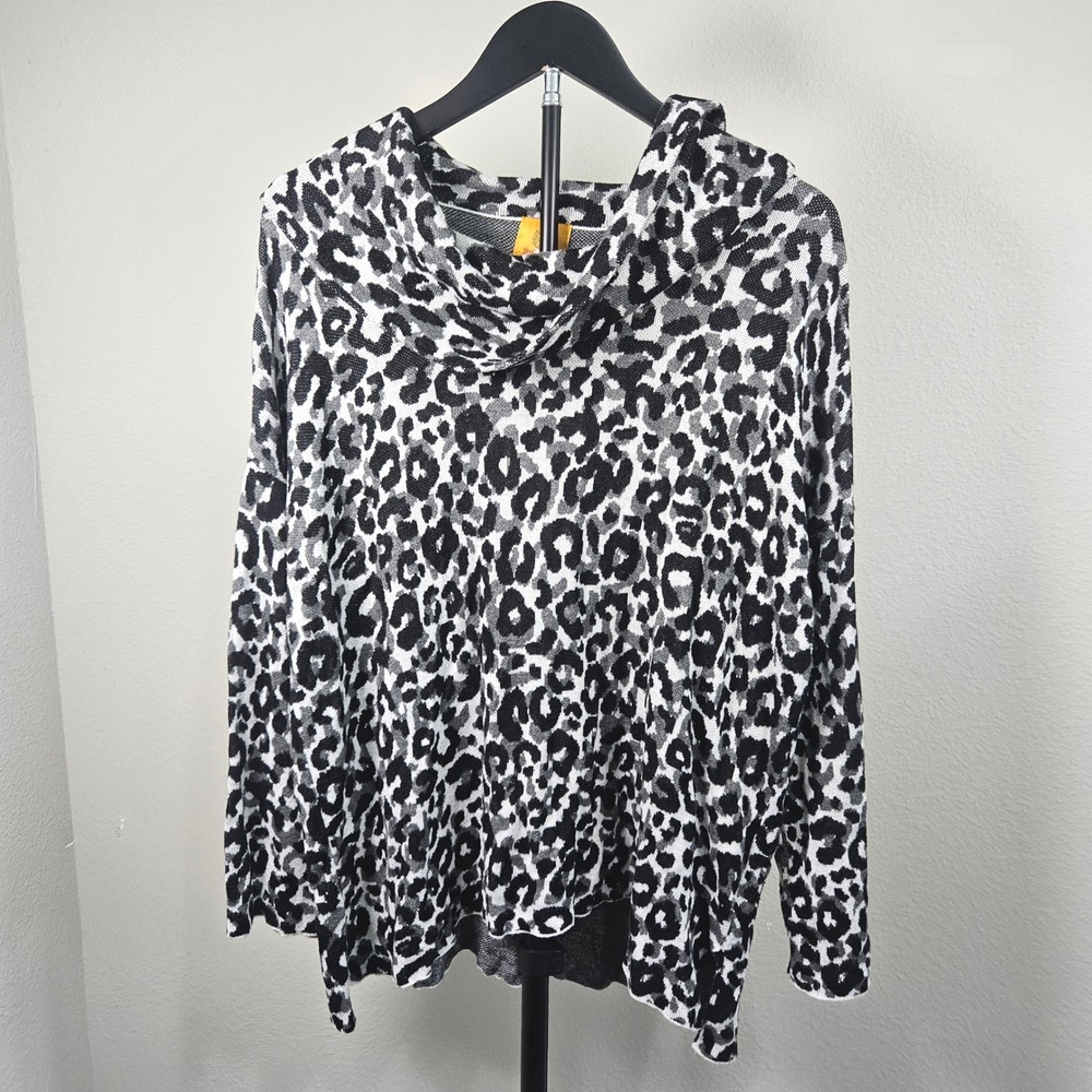 Ruby Rd Cowl Neck Top Women XL Gray Leopard Print Knit Relaxed Mob Wife Style